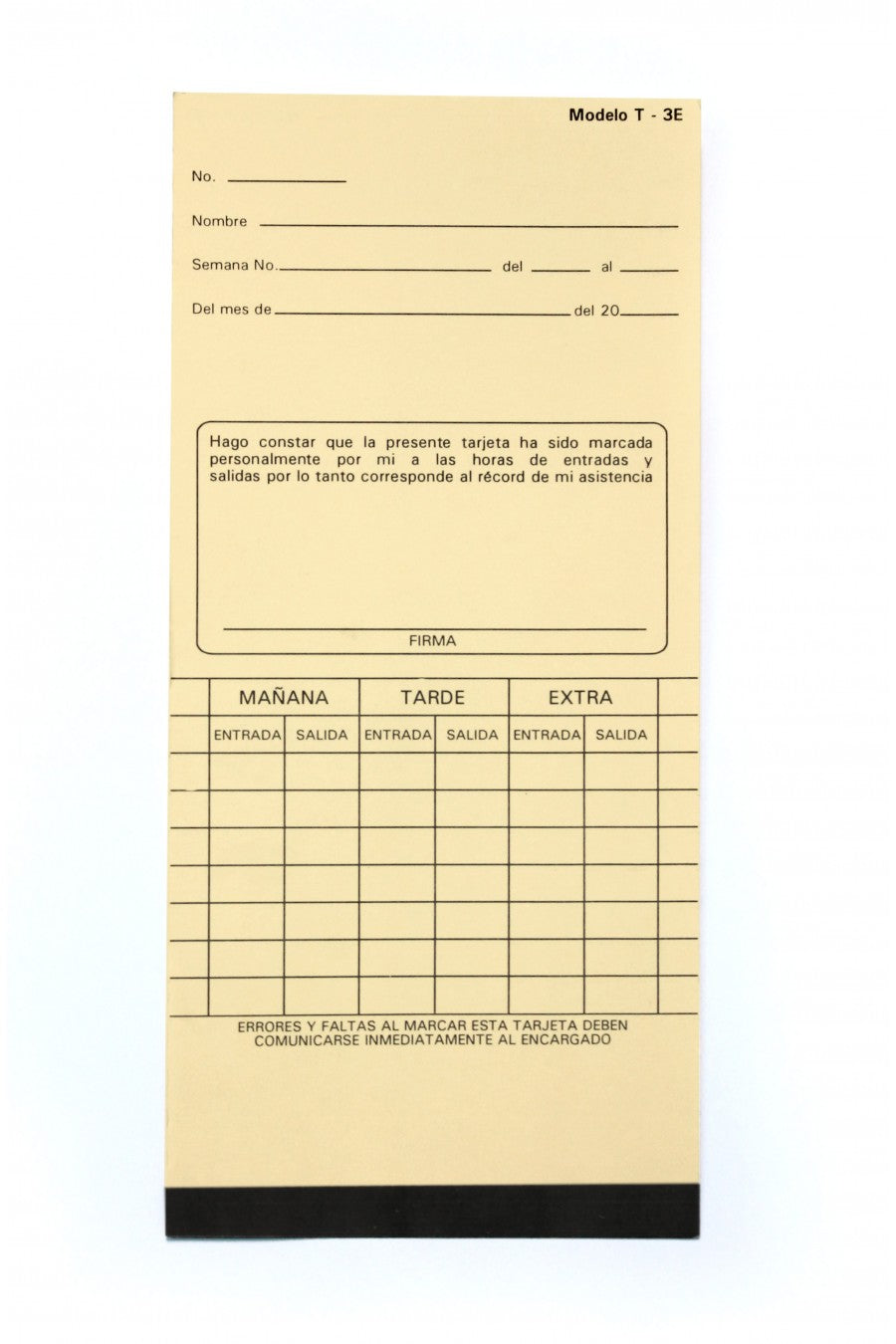 Tarjeta checadora semanal vertical T-3