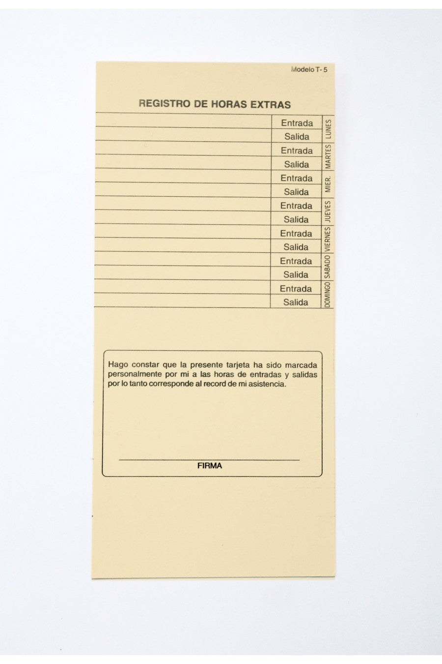 Tarjeta checadora semanal T-5