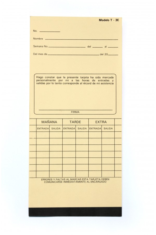 Tarjeta checadora semanal vertical T-3